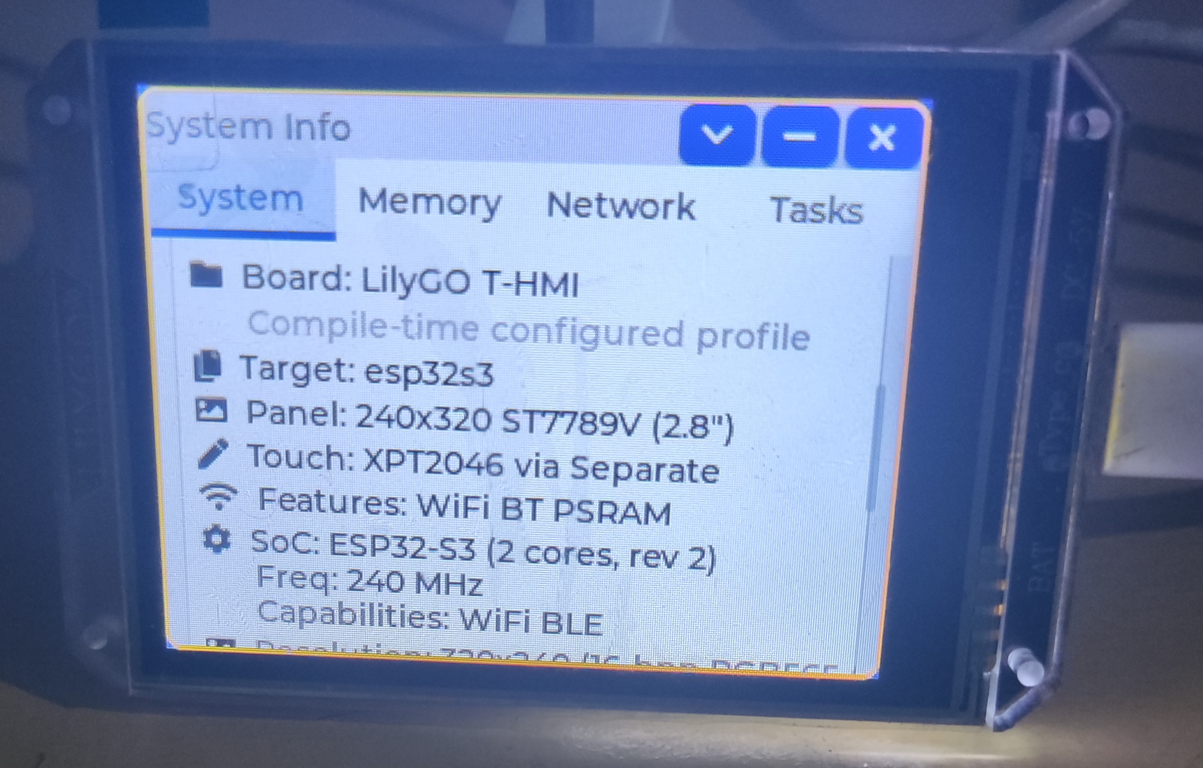 FlxOS System Info app running on Lilygo T-HMI